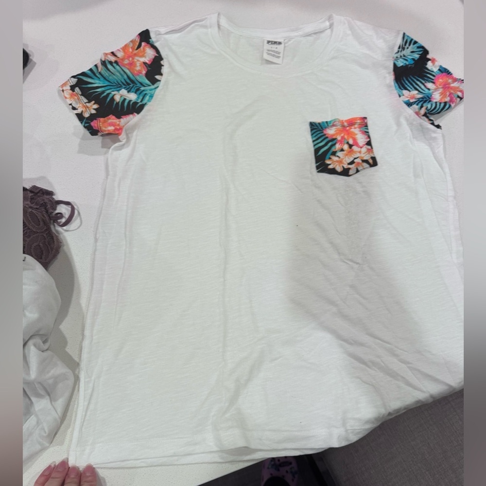 PINK Victoria's Secret White Tee with Floral Sleeves